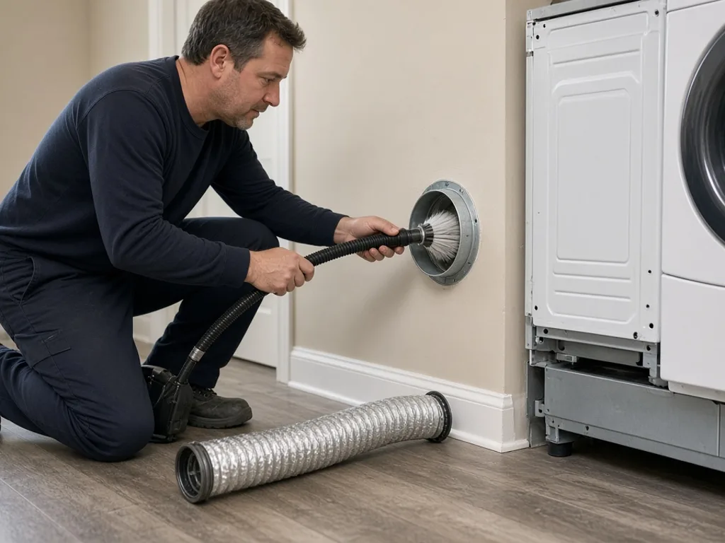 Technician cleaning a residential dryer vent line